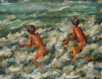 ビーチ Painting - 波で遊ぶ少年